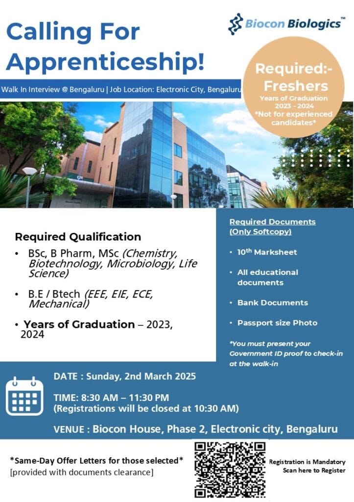 Exciting Apprenticeship Opportunities for FRESHERS at Biocon Biologics in Bengaluru Exciting Apprenticeship Opportunities for FRESHERS at Biocon Biologics in Bengaluru