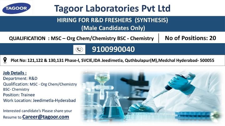 Tagoor Laboratories Hiring FRESHERS for Research & Development Tagoor Laboratories Hiring FRESHERS for Research & Development