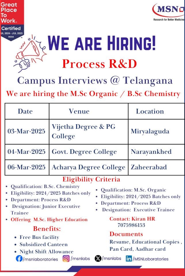MSN Laboratories Hiring FRESHERS for Process R&D department MSN Laboratories Hiring FRESHERS for Process R&D department