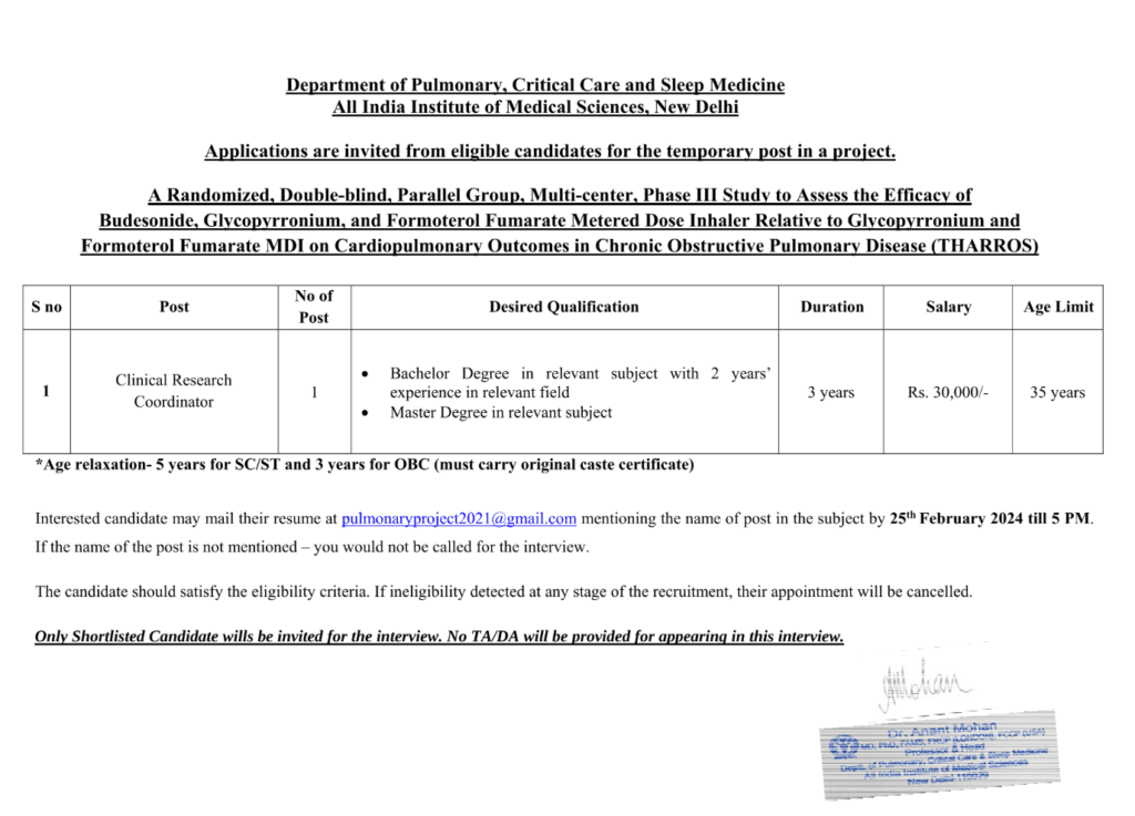 Job Opportunity: Clinical Research Coordinator at AIIMS Job Opportunity: Clinical Research Coordinator at AIIMS