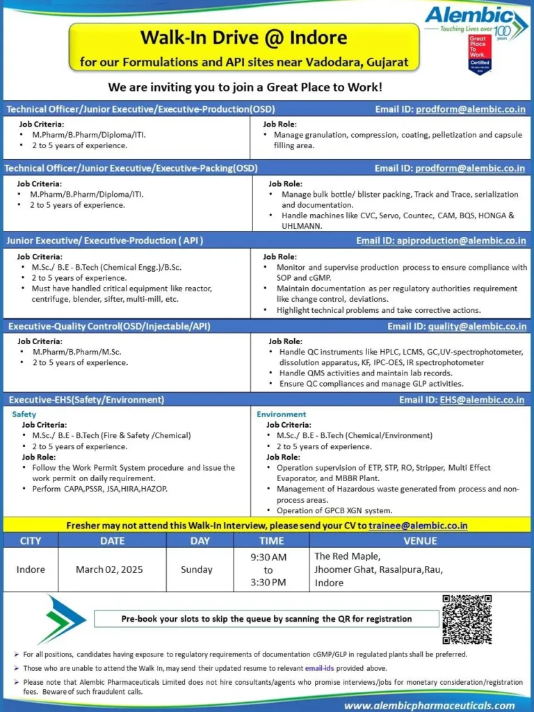 Alembic Pharma Hiring for Production / Packing / Quality Control / EHS Alembic Pharma Hiring for Production / Packing / Quality Control / EHS