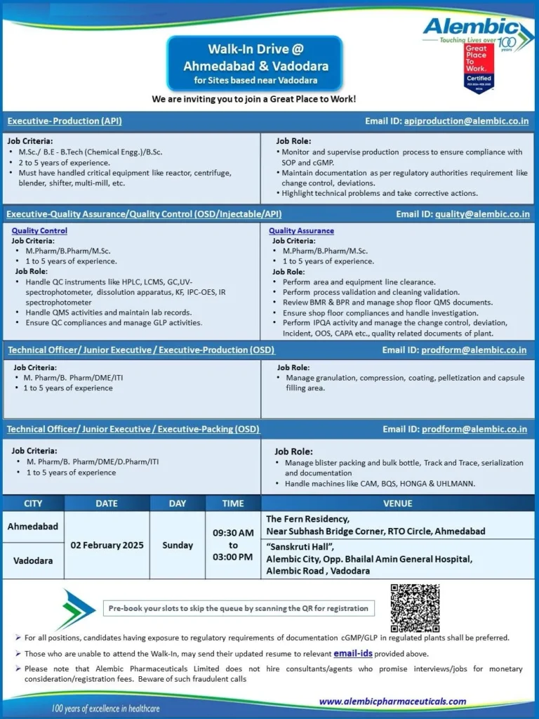 Alembic Pharma Hiring for Production / Packing / QC / QA Alembic Pharma Hiring for Production / Packing / QC / QA