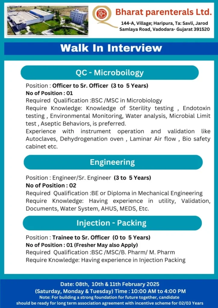 Bharat Parenterals Hiring for QA / QC / Production / Packing / QC-Micro / Engineering / Finance / Import / Export Bharat Parenterals Hiring for QA / QC / Production / Packing / QC-Micro / Engineering / Finance / Import / Export