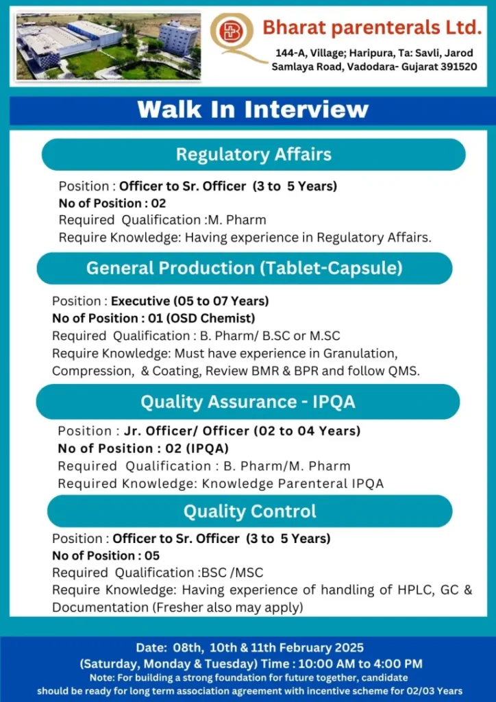 Bharat Parenterals Hiring for QA / QC / Production / Packing / QC-Micro / Engineering / Finance / Import / Export Bharat Parenterals Hiring for QA / QC / Production / Packing / QC-Micro / Engineering / Finance / Import / Export
