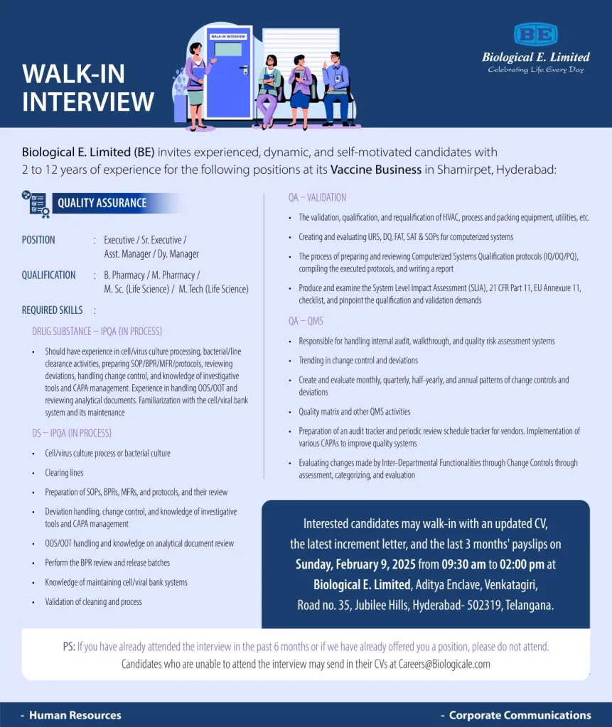 Biological E. Limited Hiring for Quality Assurance Biological E. Limited Hiring for Quality Assurance