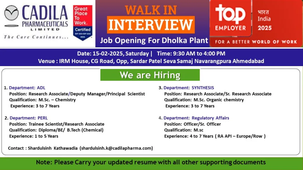 Cadila Pharmaceuticals Hiring for Regulatory Affairs / PERL / Synthesis Cadila Pharmaceuticals Hiring for Regulatory Affairs / PERL / Synthesis