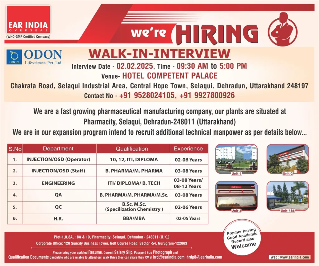 ODON Lifesciences (EAR India) Hiring for Injection / OSD / QA / QC / HR / Engineering ODON Lifesciences (EAR India) Hiring for Injection / OSD / QA / QC / HR / Engineering