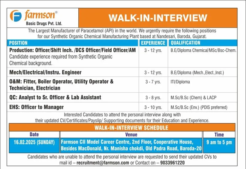 Farmson Basic Drugs Hiring for Production / QC / EHS / Engineering & Maintenance / DCS / Mechanical / Electrical / Instrumentation Farmson Basic Drugs Hiring for Production / QC / EHS / Engineering & Maintenance / DCS / Mechanical / Electrical / Instrumentation