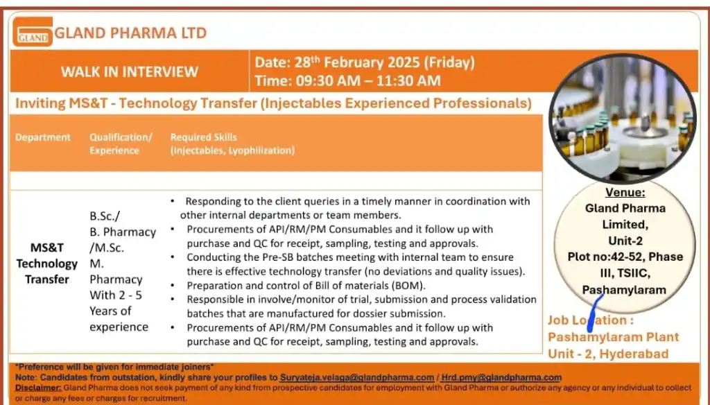 Gland Pharma Hiring for MS&T Technology Transfer Gland Pharma Hiring for MS&T Technology Transfer