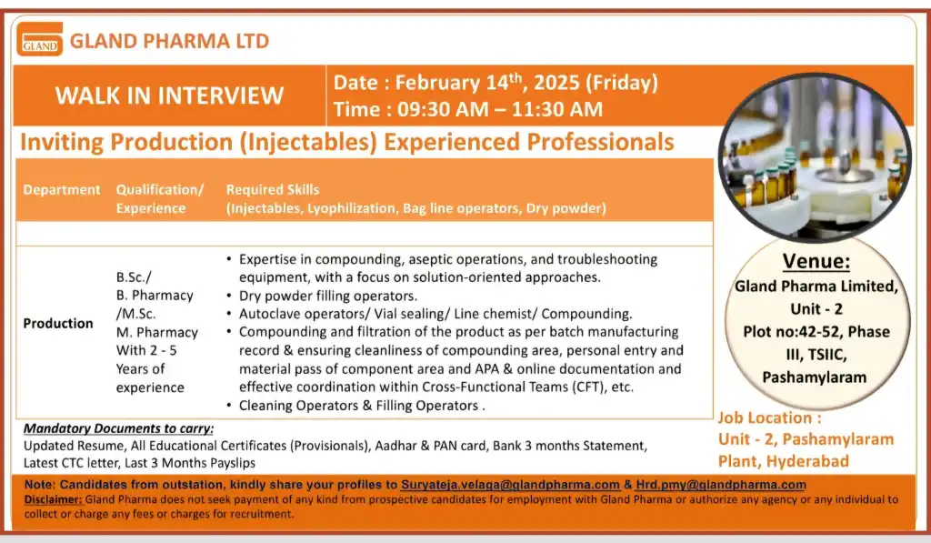 Gland Pharma Hiring for Production – B.Sc, B.Pharm, M.Sc, or M.Pharm Gland Pharma Hiring for Production – B.Sc, B.Pharm, M.Sc, or M.Pharm