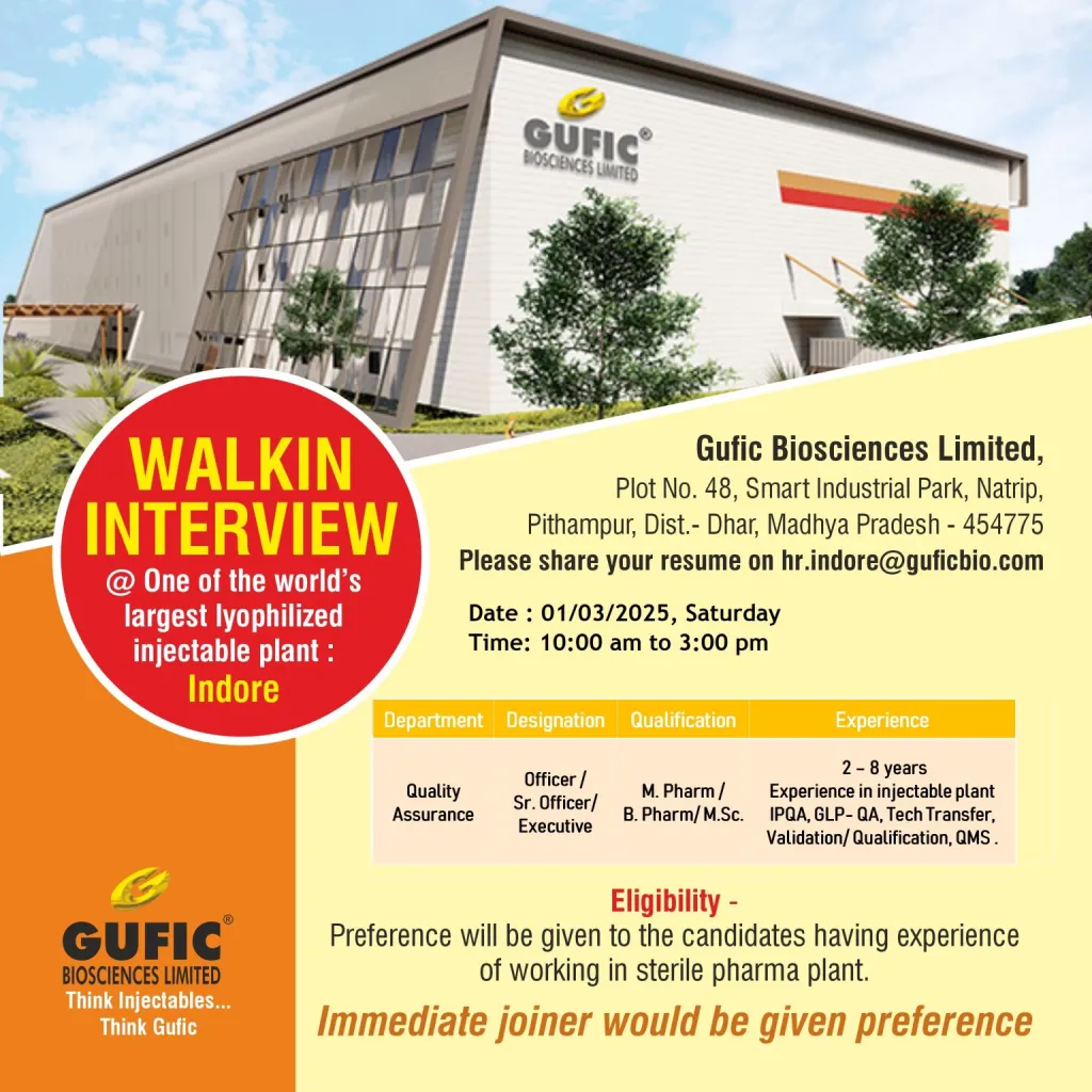 Gufic Biosciences Hiring for Quality Assurance - B.Pharm, M.Sc, M.Pharm Gufic Biosciences Hiring for Quality Assurance - B.Pharm, M.Sc, M.Pharm
