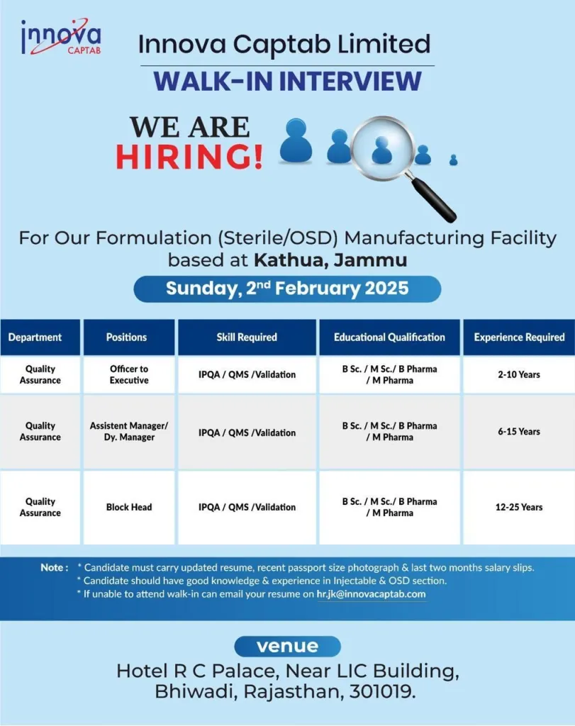 Innova Captab Hiring for Quality Assurance Innova Captab Hiring for Quality Assurance