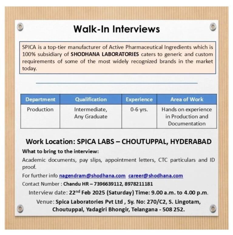 Shodhana Laboratories Hiring Fresher & Experience for Production Executive Shodhana Laboratories Hiring Fresher & Experience for Production Executive