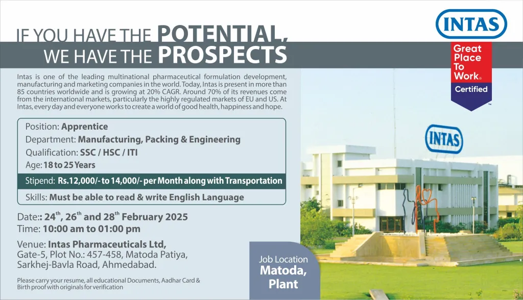 Intas Pharmaceuticals Hiring for Manufacturing, Packing & Engineering Intas Pharmaceuticals Hiring for Manufacturing, Packing & Engineering