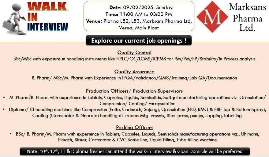 Marksans Pharma Hiring for Quality Control/ Quality Assurance/ Production/ Packing Marksans Pharma Hiring for Quality Control/ Quality Assurance/ Production/ Packing