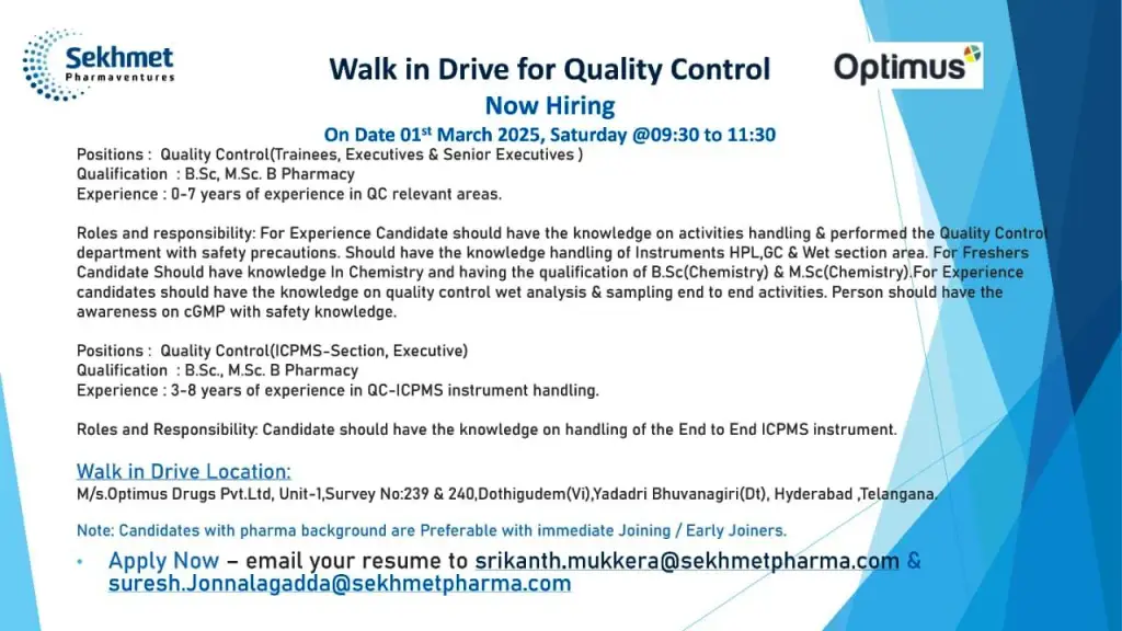 Optimus (Sekhmet Pharma) Hiring for Freshers & Experienced in Quality Control Optimus (Sekhmet Pharma) Hiring for Freshers & Experienced in Quality Control