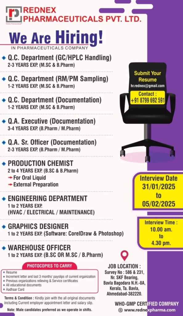 Rednex Pharma Hiring for Production / QC / QA / Warehouse / Engineering / Graphics Designer Rednex Pharma Hiring for Production / QC / QA / Warehouse / Engineering / Graphics Designer