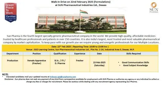 Sun Pharma Hiring FRESHERS for Production - BSc, ITI ,D. Pharma Sun Pharma Hiring FRESHERS for Production - BSc, ITI ,D. Pharma