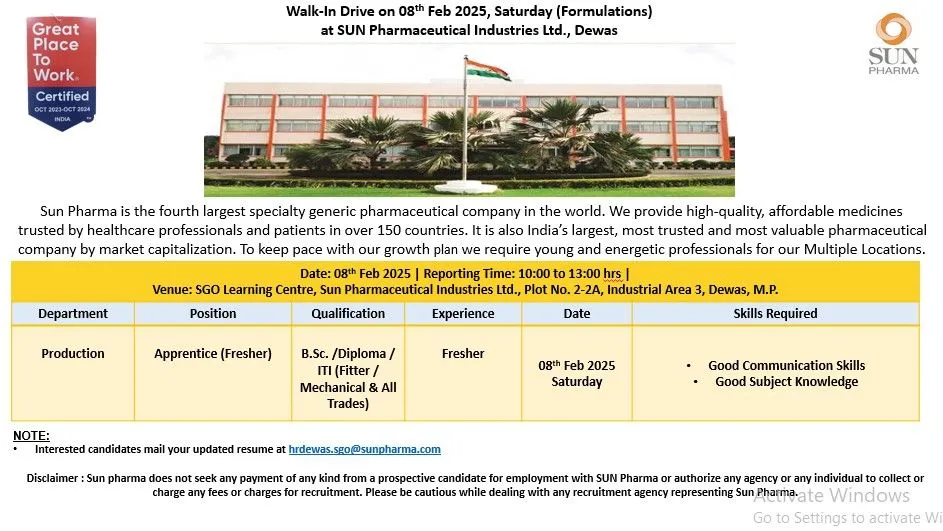 Sun Pharma Hiring for ITI, D. Pharma, B.Sc, Diploma - Production Sun Pharma Hiring for ITI, D. Pharma, B.Sc, Diploma - Production