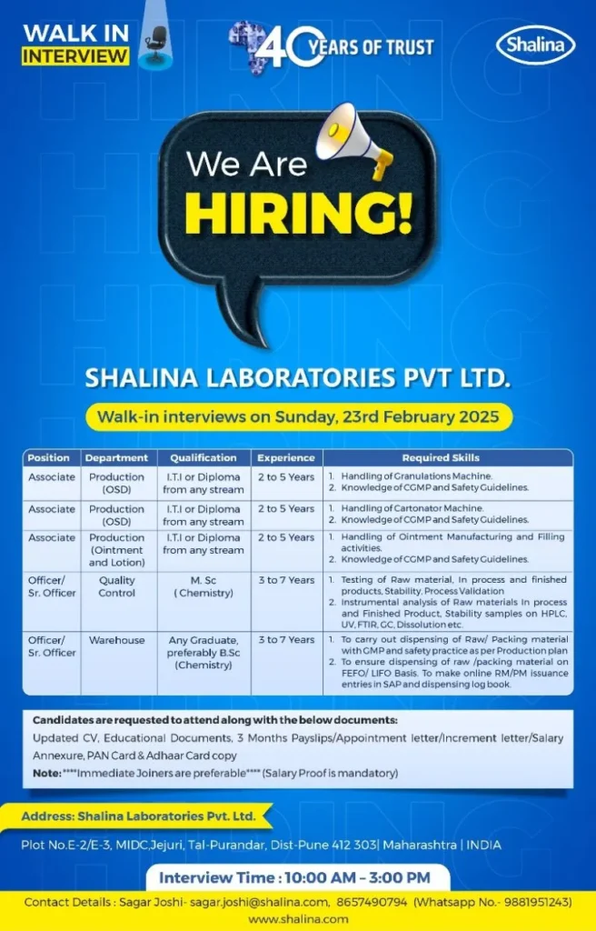 Shalina Laboratories Hiring for Production / QC / Warehouse @Pune Shalina Laboratories Hiring for Production / QC / Warehouse @Pune