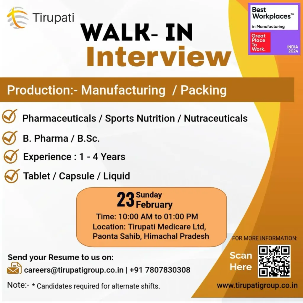 Tirupati Medicare Hiring for Production (Manufacturing / Packing) Tirupati Medicare Hiring for Production (Manufacturing / Packing)