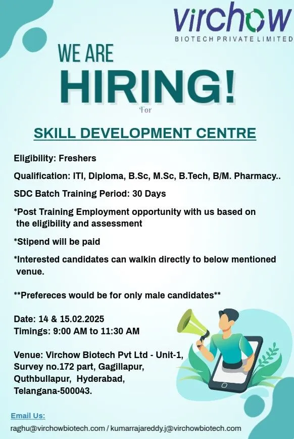 Virchow Biotech Hiring FRESHERS for B.Sc, M.Sc, B.Pharm, B.Tech, ITI, Diploma Candidates Virchow Biotech Hiring FRESHERS for B.Sc, M.Sc, B.Pharm, B.Tech, ITI, Diploma Candidates