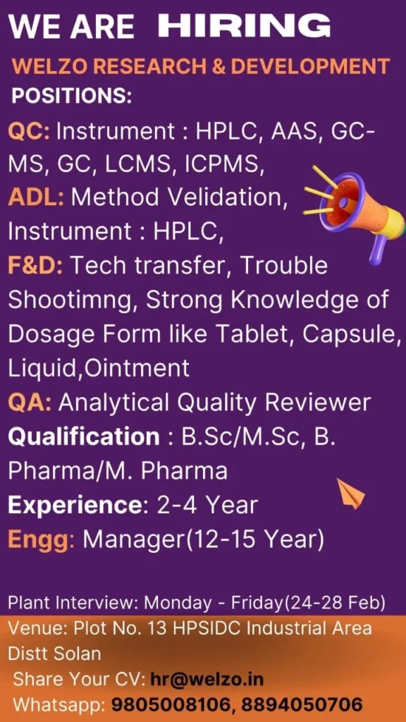 WELZO Research & Development – Hiring for QC / QA / ADL / F&D / Engineering WELZO Research & Development – Hiring for QC / QA / ADL / F&D / Engineering
