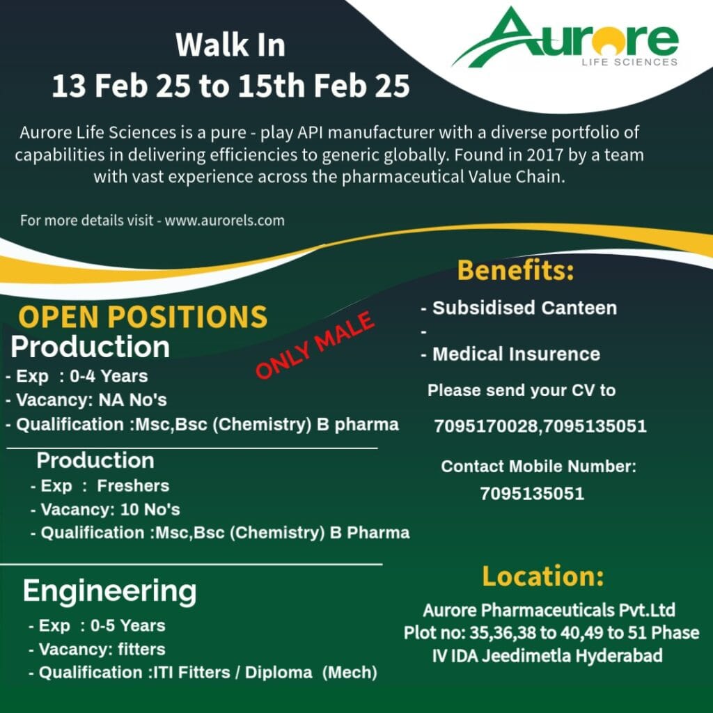 Aurore Life Sciences hiring Freshers Production, Engineering Aurore Life Sciences hiring Freshers Production, Engineering
