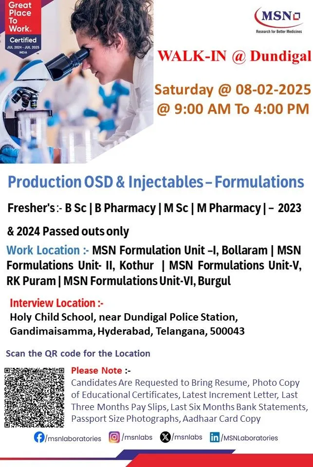 MSN Group Hiring for Production – OSD / Injectables MSN Group Hiring for Production – OSD / Injectables