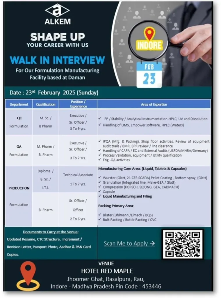 ALKEM Laboratories Hiring for QA, QC, and Production ALKEM Laboratories Hiring for QA, QC, and Production
