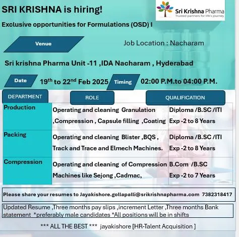Sri Krishna Pharma Hiring for Production / Packing/ Compression Sri Krishna Pharma Hiring for Production / Packing/ Compression