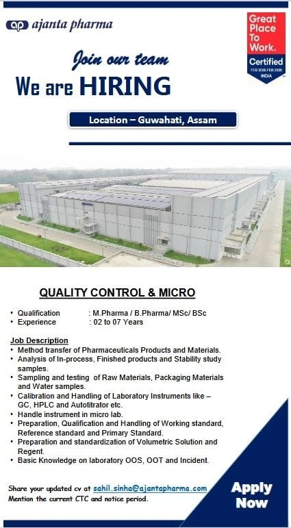 Ajanta Pharma Hiring for Quality Control & Microbiology Ajanta Pharma Hiring for Quality Control & Microbiology