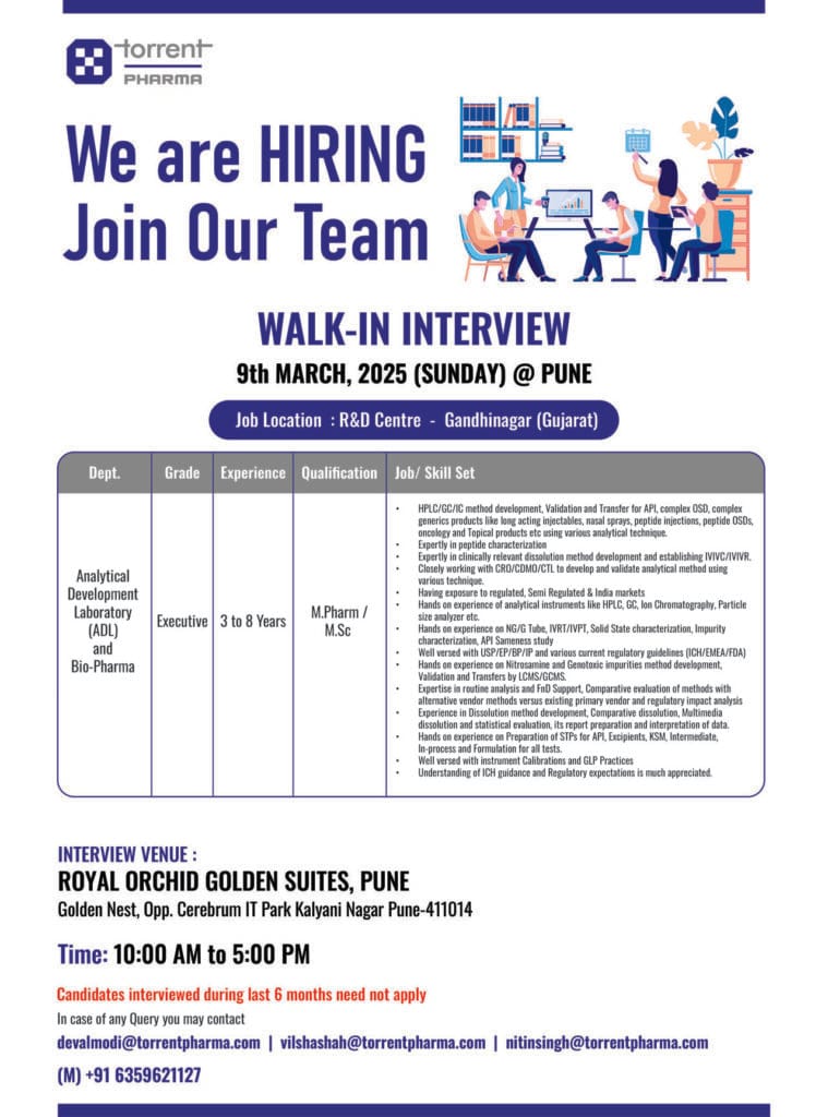 Torrent Pharmaceuticals Hiring for Analytical Development Laboratory (ADL) and Bio-Pharma @Pune Torrent Pharmaceuticals Hiring for Analytical Development Laboratory (ADL) and Bio-Pharma @Pune