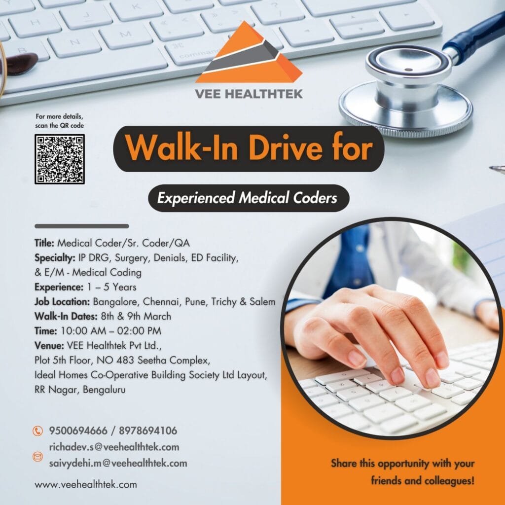 Vee Healthtek Hiring for Medical Coder/ Sr. Coder/ QA @Bangalore, Chennai, Pune, Other Locations Vee Healthtek Hiring for Medical Coder/ Sr. Coder/ QA @Bangalore, Chennai, Pune, Other Locations