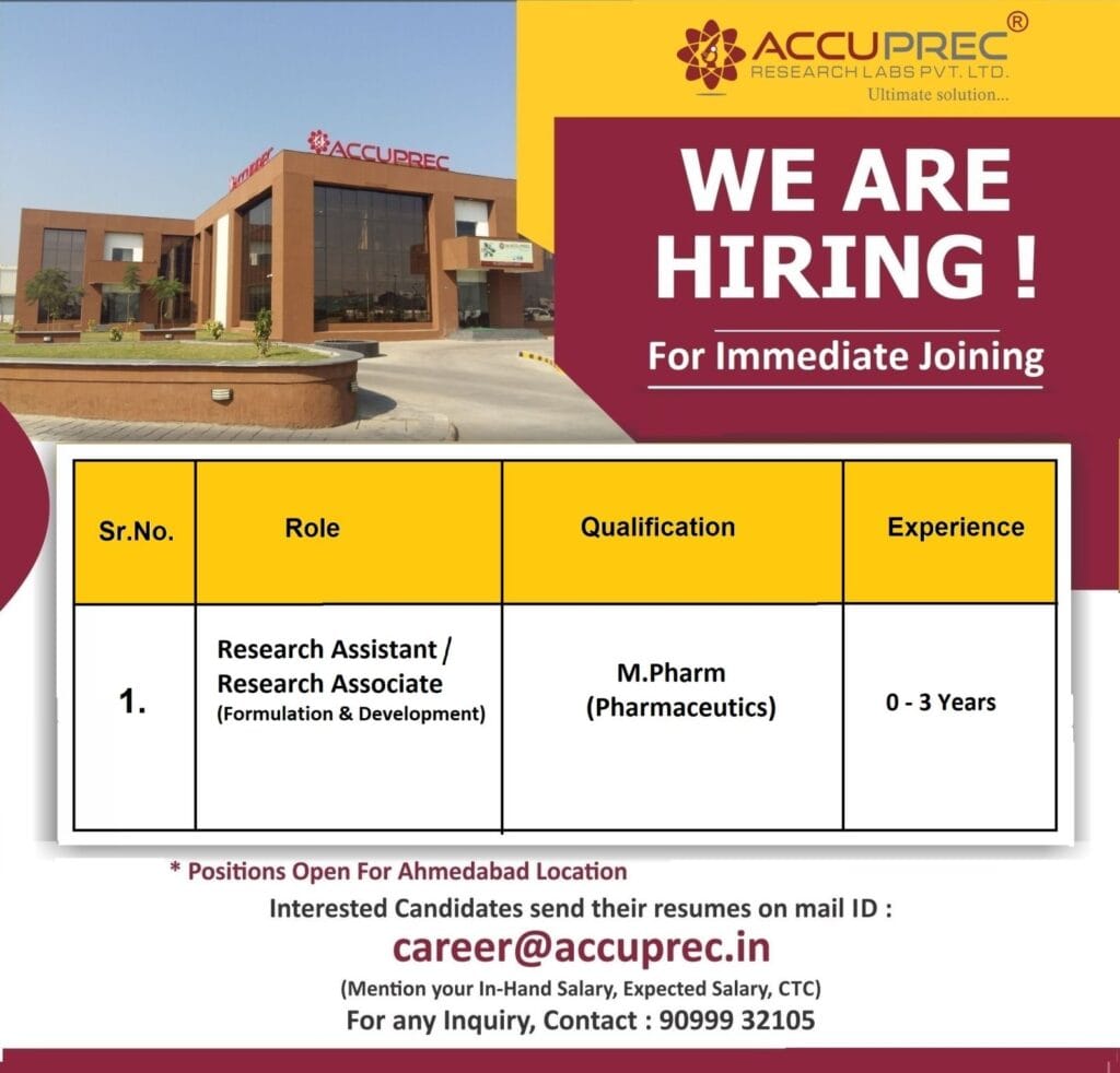 Accuprec Research Labs Hiring FRESHERS for Research Assistant / Research Associate Accuprec Research Labs Hiring FRESHERS for Research Assistant / Research Associate