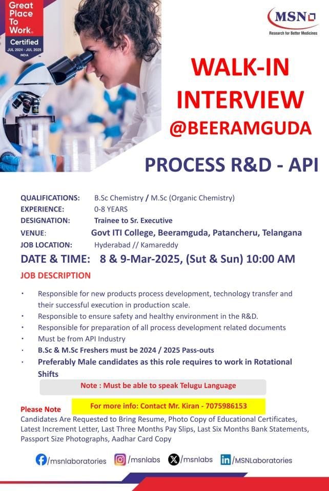 MSN Laboratories Hiring for Process R&D - API MSN Laboratories Hiring for Process R&D - API
