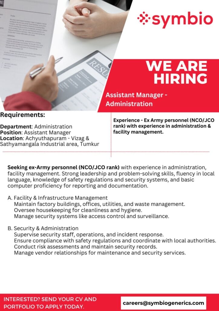 Symbio Hiring for Assistant Manager – Administration Position Symbio Hiring for Assistant Manager – Administration Position