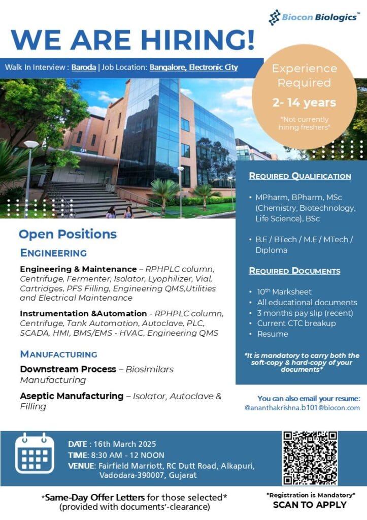 Biocon Biologics Hiring for Engineering & Manufacturing Jobs in Bangalore Biocon Biologics Hiring for Engineering & Manufacturing Jobs in Bangalore