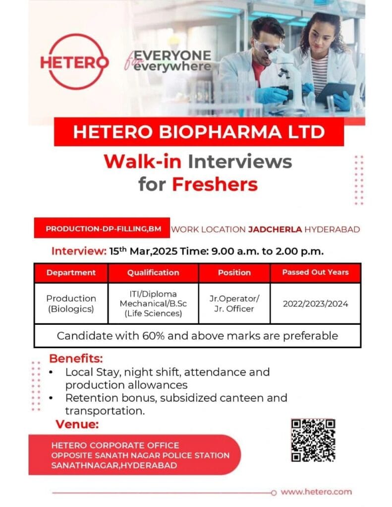 Hetero Biopharma Hiring Freshers for Production - ITI, Diploma, B.Sc, M.Sc Hetero Biopharma Hiring Freshers for Production - ITI, Diploma, B.Sc, M.Sc
