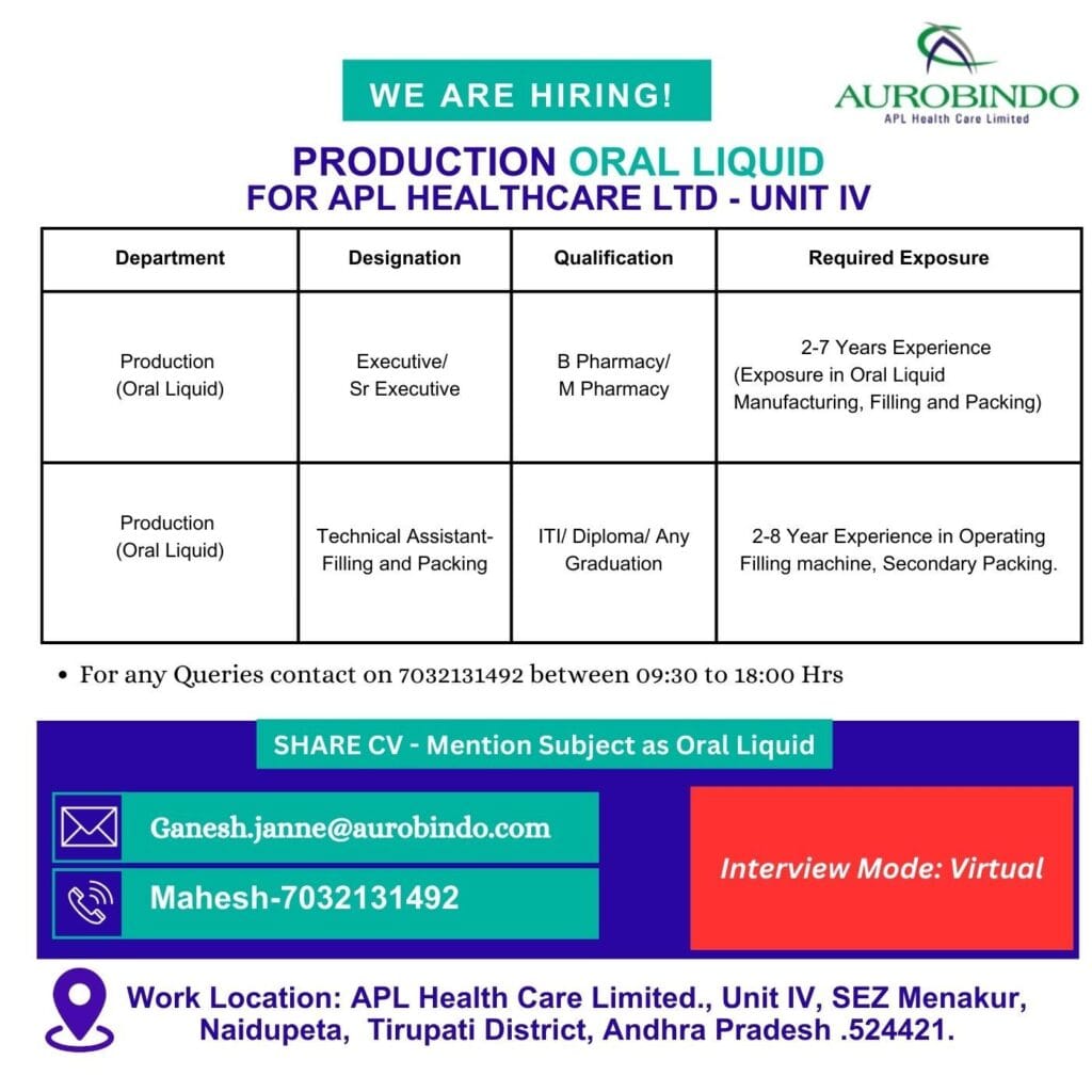 APL Healthcare Hiring for Production/ Filling & Packing APL Healthcare Hiring for Production/ Filling & Packing