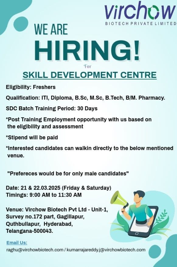 Virchow Biotech Hiring FRESHERS for Skill Development Centre Virchow Biotech Hiring FRESHERS for Skill Development Centre