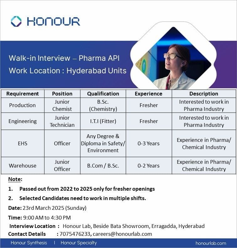 Honour Labs Hiring for Production/ EHS/ Warehouse/ Engineering Honour Labs Hiring for Production/ EHS/ Warehouse/ Engineering