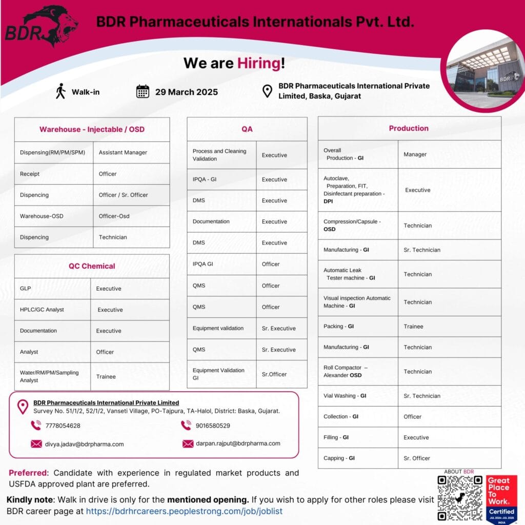 BDR Pharmaceuticals Hiring for Production/ Warehouse/ Quality Control/ Quality Assurance BDR Pharmaceuticals Hiring for Production/ Warehouse/ Quality Control/ Quality Assurance