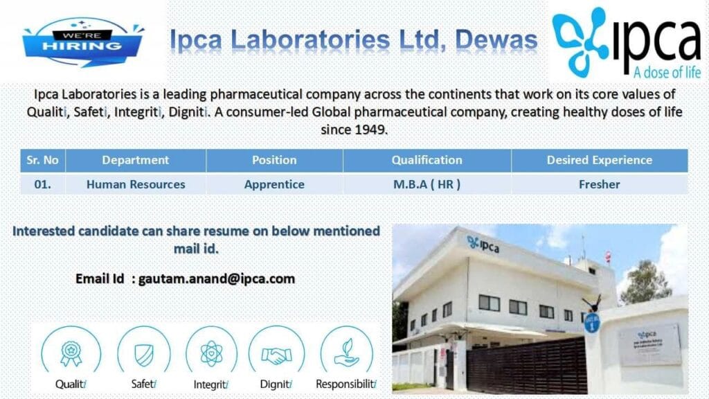 Ipca Laboratories Hiring FRESHER for Human Resources Ipca Laboratories Hiring FRESHER for Human Resources