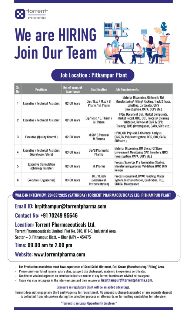 Torrent Pharma Hiring for Technical Assistant/ QC/ Warehouse /Store /Technology Transfer/ Engineering Torrent Pharma Hiring for Technical Assistant/ QC/ Warehouse /Store /Technology Transfer/ Engineering