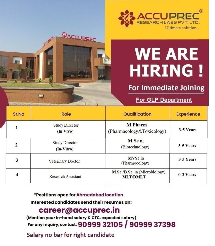ACCUPREC Research Labs Hiring FRESHER for Research Assistant/ Study Director/ Veterinary Doctor ACCUPREC Research Labs Hiring FRESHER for Research Assistant/ Study Director/ Veterinary Doctor