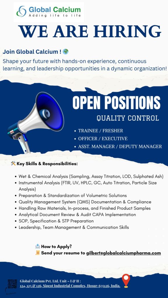 Global Calcium Hiring FRESHER for Quality Control Department Global Calcium Hiring FRESHER for Quality Control Department