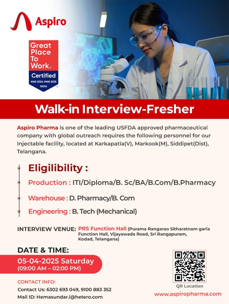 Aspiro Pharma Hiring Freshers for Production/ Warehouse/ Engineering Aspiro Pharma Hiring Freshers for Production/ Warehouse/ Engineering
