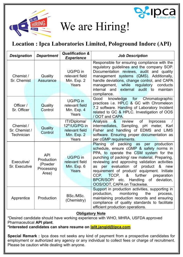 IPCA Laboratories Hiring Freshers & Experienced for Quality Control/ Quality Assurance/ Production in Indore IPCA Laboratories Hiring Freshers & Experienced for Quality Control/ Quality Assurance/ Production in Indore