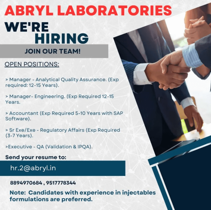 Abryl Laboratories Hiring For QA, Engneering, Accountant, Regulatory Affairs Abryl Laboratories Hiring For QA, Engneering, Accountant, Regulatory Affairs